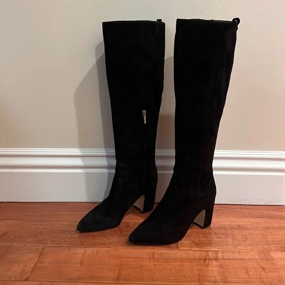 Sam Edelman • Thora Knee Boots black suede leather tall block heel almond toe - Picture 6 of 10
